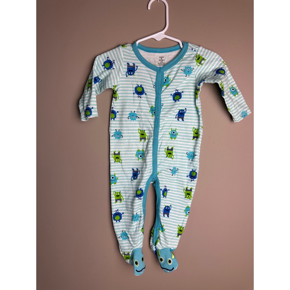 Zak & Zoey Baby Monster Print Striped Footie Sleeper Blue Green 3-6 Months